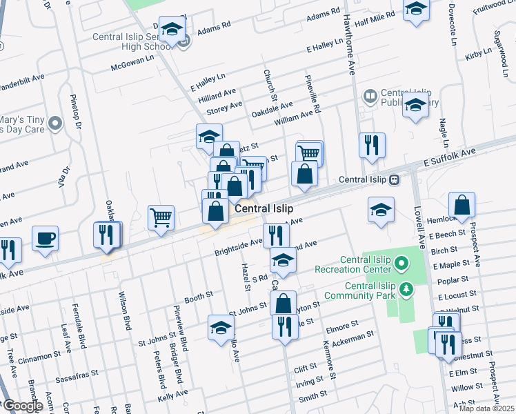 map of restaurants, bars, coffee shops, grocery stores, and more near in Central Islip
