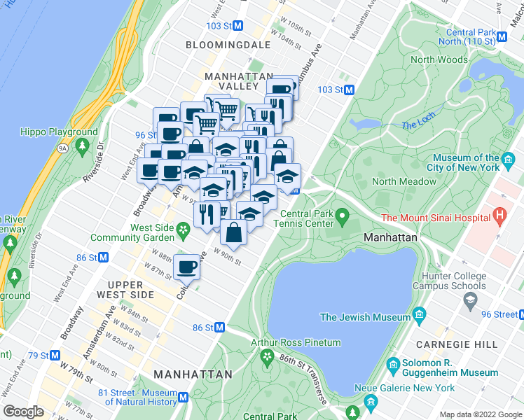 map of restaurants, bars, coffee shops, grocery stores, and more near 38 West 94th Street in New York