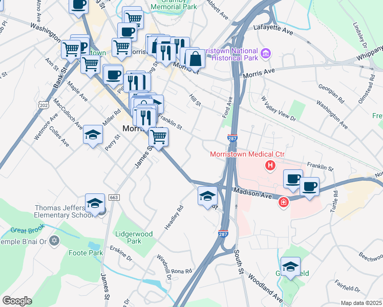 map of restaurants, bars, coffee shops, grocery stores, and more near 17 Hamilton Road in Morristown