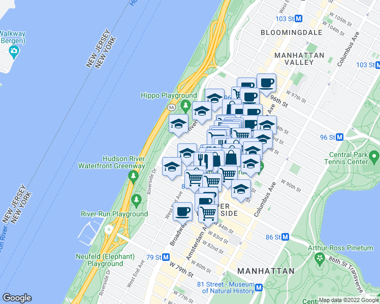 map of restaurants, bars, coffee shops, grocery stores, and more near 319 West 88th Street in New York