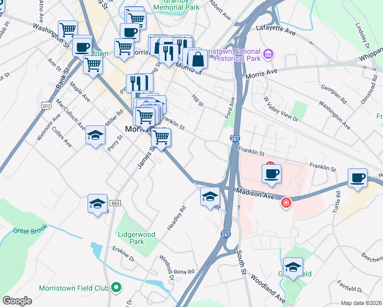 map of restaurants, bars, coffee shops, grocery stores, and more near 31 Hamilton Road in Morristown