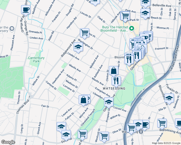 map of restaurants, bars, coffee shops, grocery stores, and more near 138 Midland Avenue in Glen Ridge