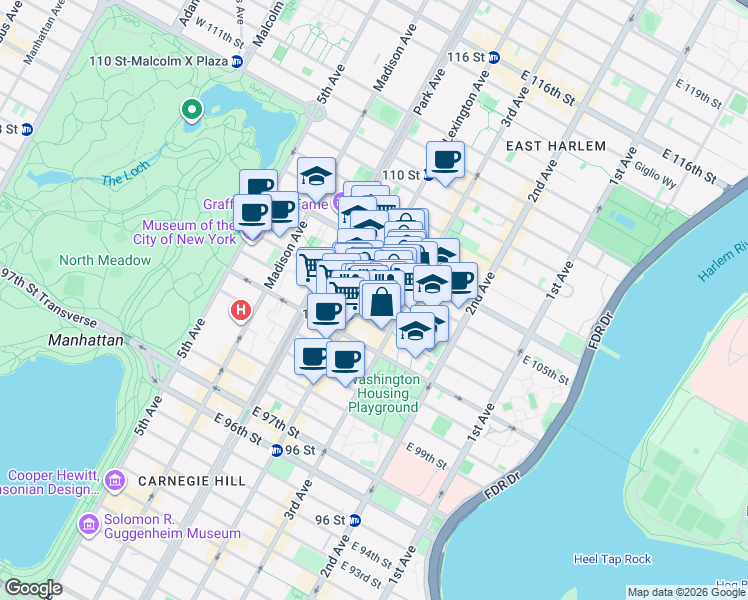 map of restaurants, bars, coffee shops, grocery stores, and more near East 104th Street in New York