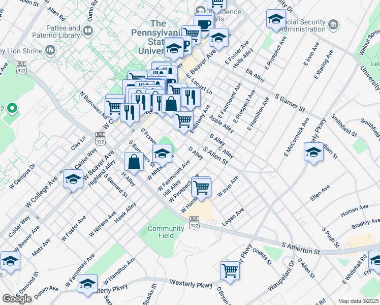 map of restaurants, bars, coffee shops, grocery stores, and more near 121 West Fairmount Avenue in State College
