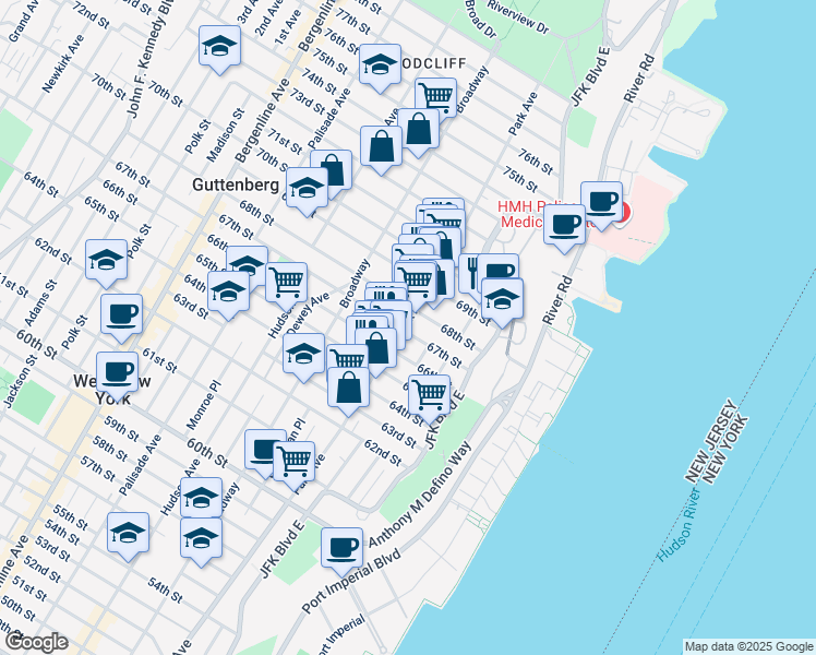 map of restaurants, bars, coffee shops, grocery stores, and more near 6700 Park Avenue in West New York