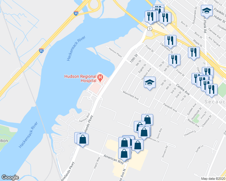 map of restaurants, bars, coffee shops, grocery stores, and more near 48 Meadowlands Parkway in Secaucus