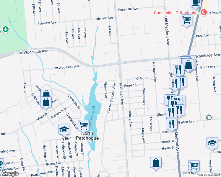 map of restaurants, bars, coffee shops, grocery stores, and more near 93 Harper Street in Patchogue