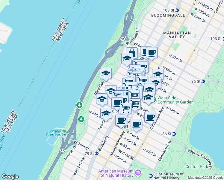 map of restaurants, bars, coffee shops, grocery stores, and more near 321 West 88th Street in New York