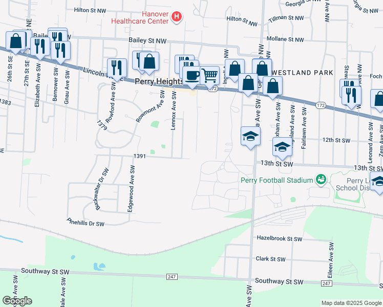 map of restaurants, bars, coffee shops, grocery stores, and more near 517 Hinderer Avenue Southwest in Massillon