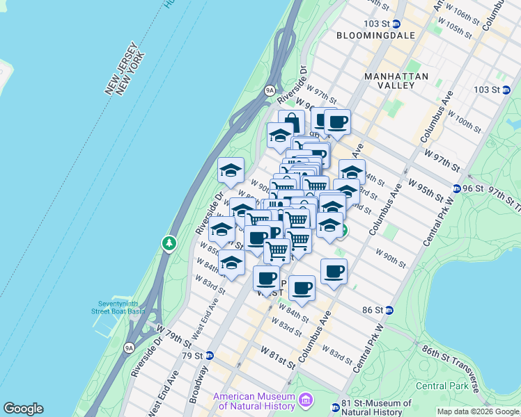 map of restaurants, bars, coffee shops, grocery stores, and more near 595 West End Avenue in New York
