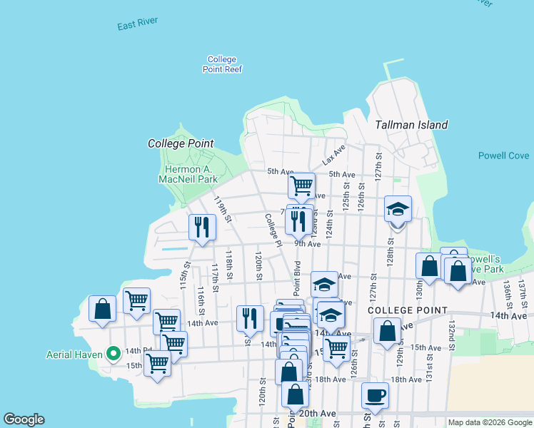 map of restaurants, bars, coffee shops, grocery stores, and more near 11955 7th Avenue in Queens