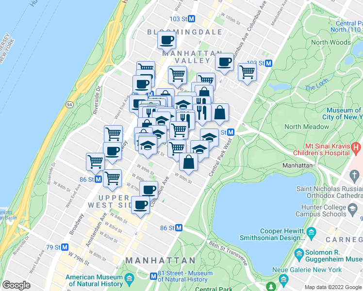 map of restaurants, bars, coffee shops, grocery stores, and more near in New York