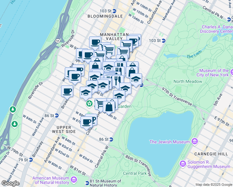 map of restaurants, bars, coffee shops, grocery stores, and more near 55 West 93rd Street in New York