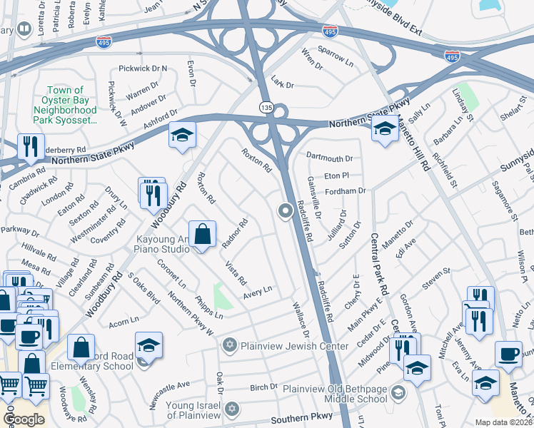 map of restaurants, bars, coffee shops, grocery stores, and more near 36 Glenwood Road in Plainview