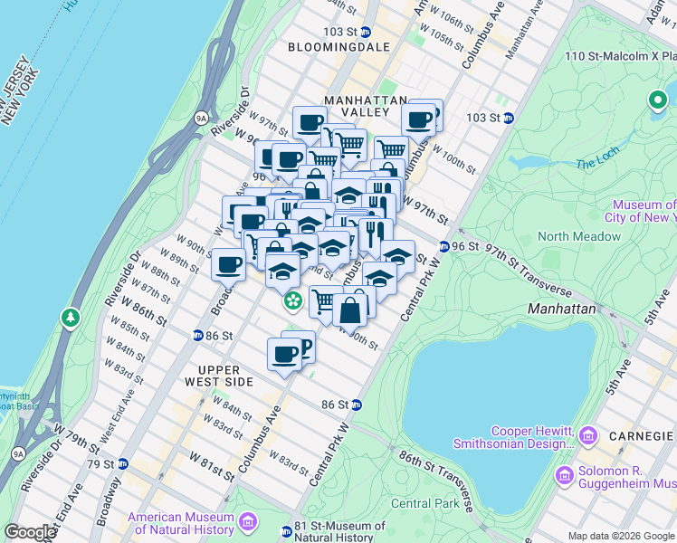 map of restaurants, bars, coffee shops, grocery stores, and more near 670 Columbus Avenue in New York
