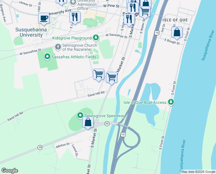 map of restaurants, bars, coffee shops, grocery stores, and more near 602 Stauffer Street in Selinsgrove