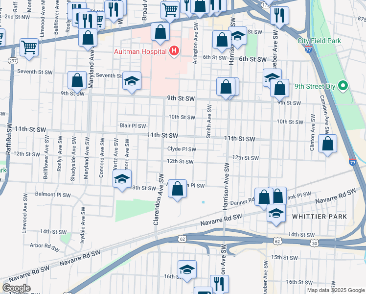 map of restaurants, bars, coffee shops, grocery stores, and more near 2423 Clyde Place Southwest in Canton