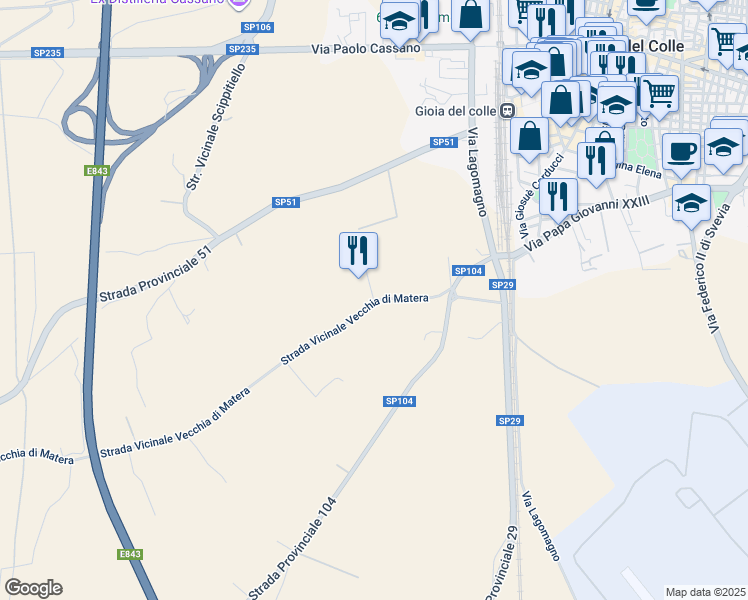 map of restaurants, bars, coffee shops, grocery stores, and more near Strada Provinciale 104 in Province of Bari