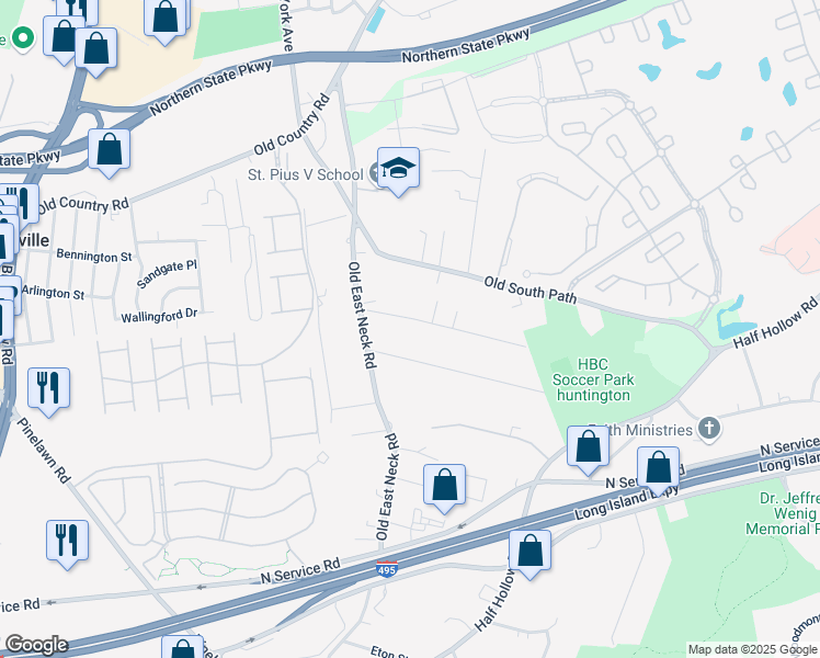 map of restaurants, bars, coffee shops, grocery stores, and more near 12 Altamore Street in Melville