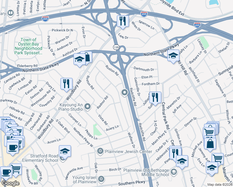 map of restaurants, bars, coffee shops, grocery stores, and more near 36 Glenwood Road in Plainview