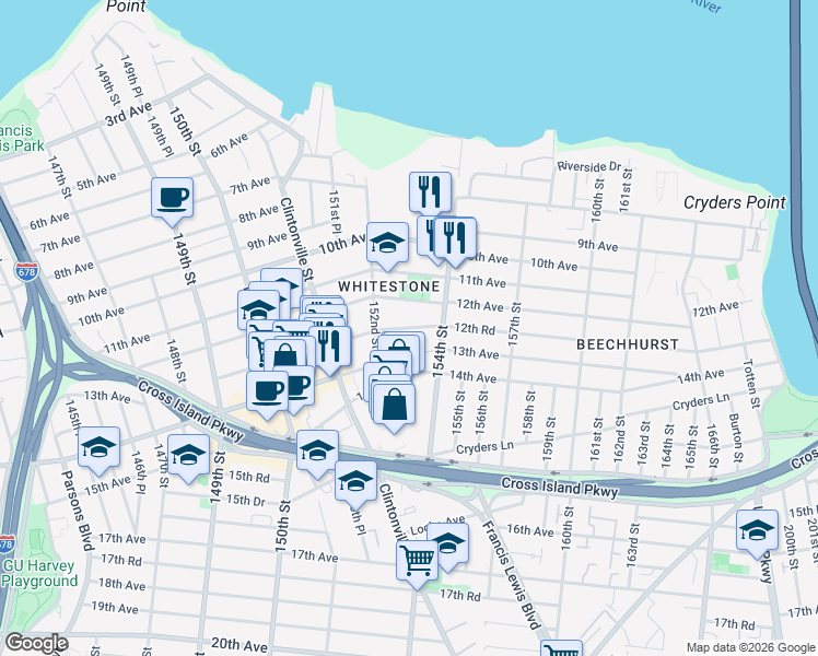 map of restaurants, bars, coffee shops, grocery stores, and more near 152-29 12th Road in Queens