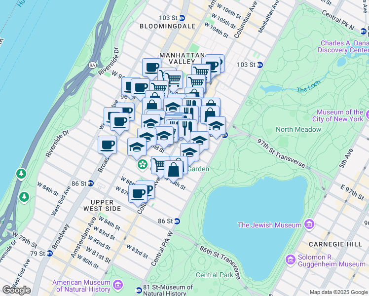 map of restaurants, bars, coffee shops, grocery stores, and more near 66 West 94th Street in New York