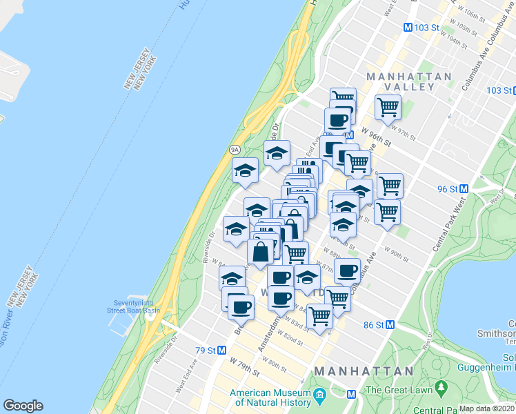 map of restaurants, bars, coffee shops, grocery stores, and more near 341 West 88th Street in New York