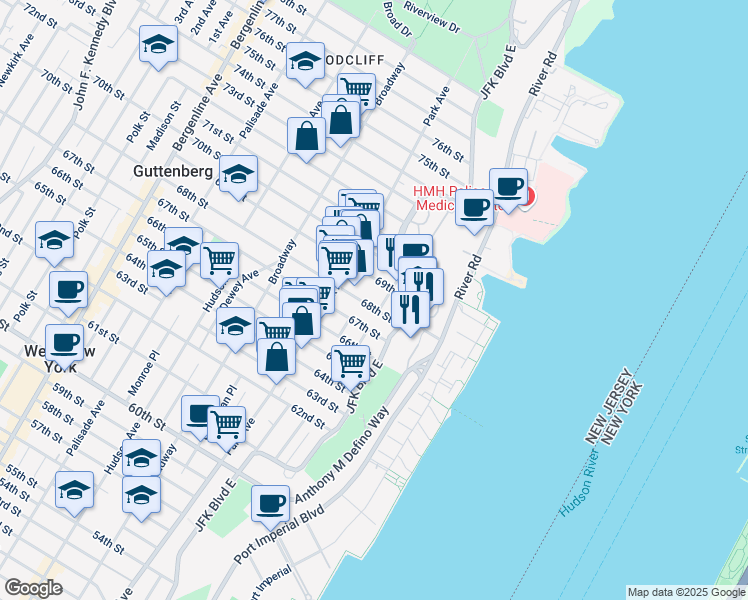 map of restaurants, bars, coffee shops, grocery stores, and more near 6811 Bellevue Avenue in Guttenberg
