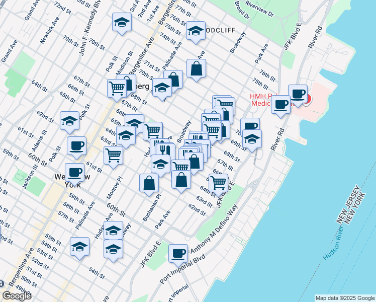 map of restaurants, bars, coffee shops, grocery stores, and more near 6600 Broadway in West New York