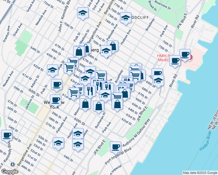 map of restaurants, bars, coffee shops, grocery stores, and more near 6500 Dewey Avenue in West New York