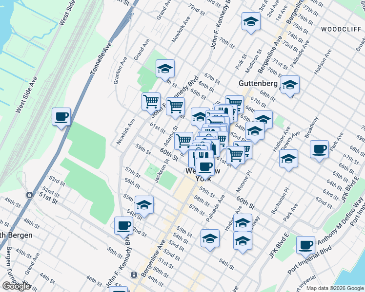 map of restaurants, bars, coffee shops, grocery stores, and more near 6103 Polk Street in West New York