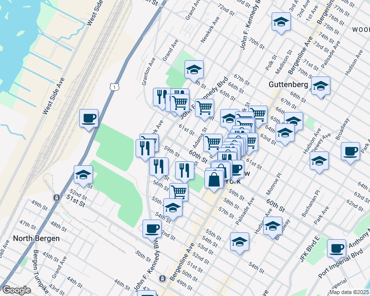 map of restaurants, bars, coffee shops, grocery stores, and more near 620 60th Street in West New York