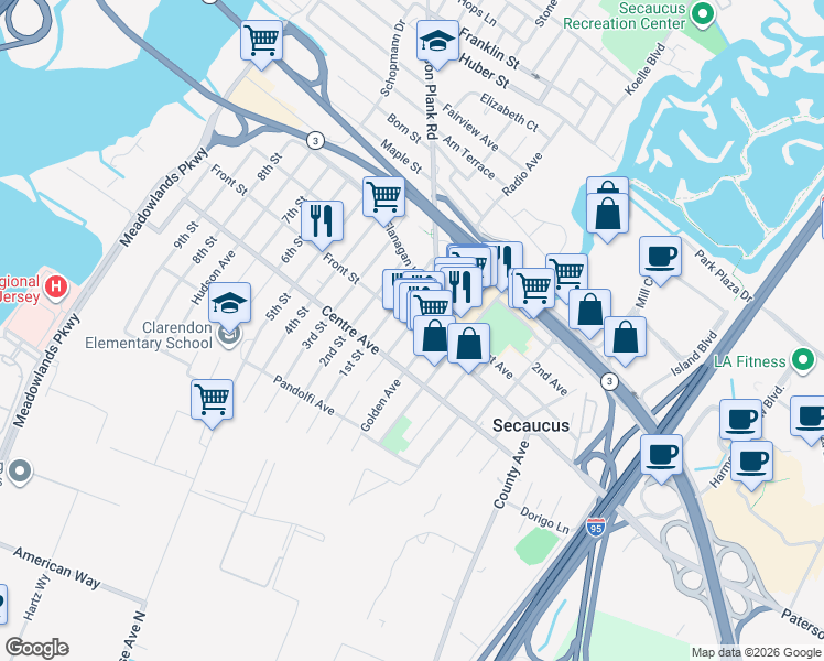 map of restaurants, bars, coffee shops, grocery stores, and more near 163 Front Street in Secaucus