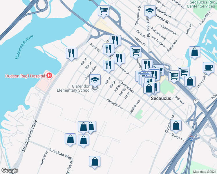 map of restaurants, bars, coffee shops, grocery stores, and more near 723 4th Street in Secaucus