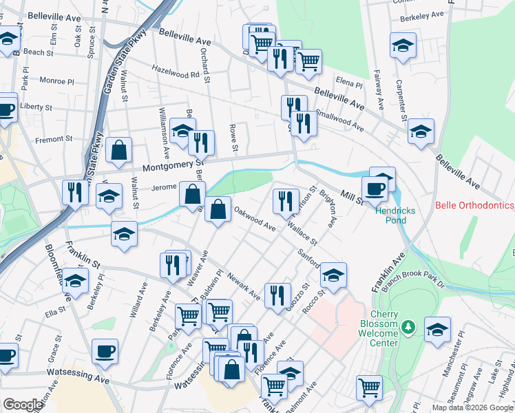 map of restaurants, bars, coffee shops, grocery stores, and more near 12 Wright Court in Bloomfield
