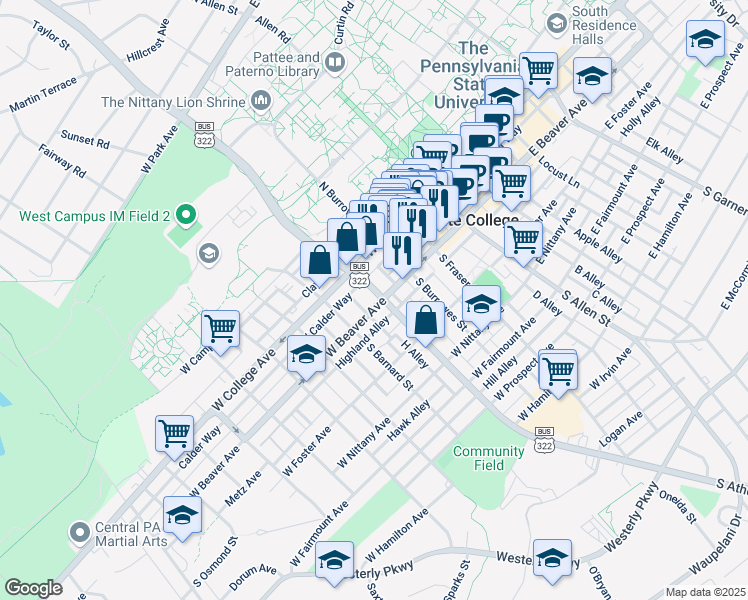 map of restaurants, bars, coffee shops, grocery stores, and more near in State College