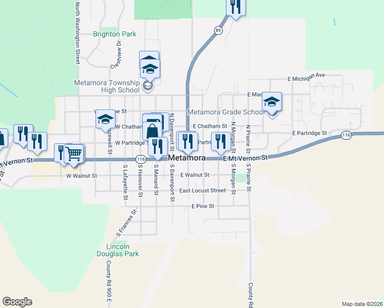 map of restaurants, bars, coffee shops, grocery stores, and more near North Wetmore Street in Metamora