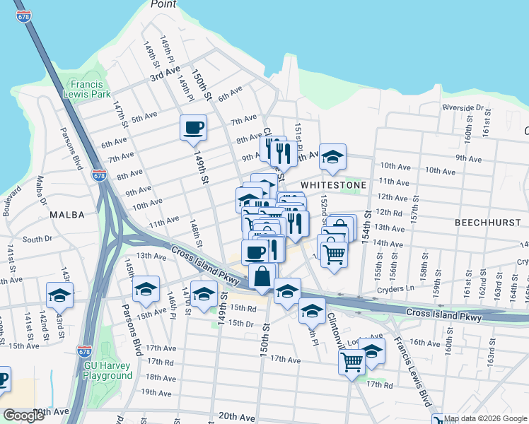 map of restaurants, bars, coffee shops, grocery stores, and more near 150-31 12th Avenue in Queens