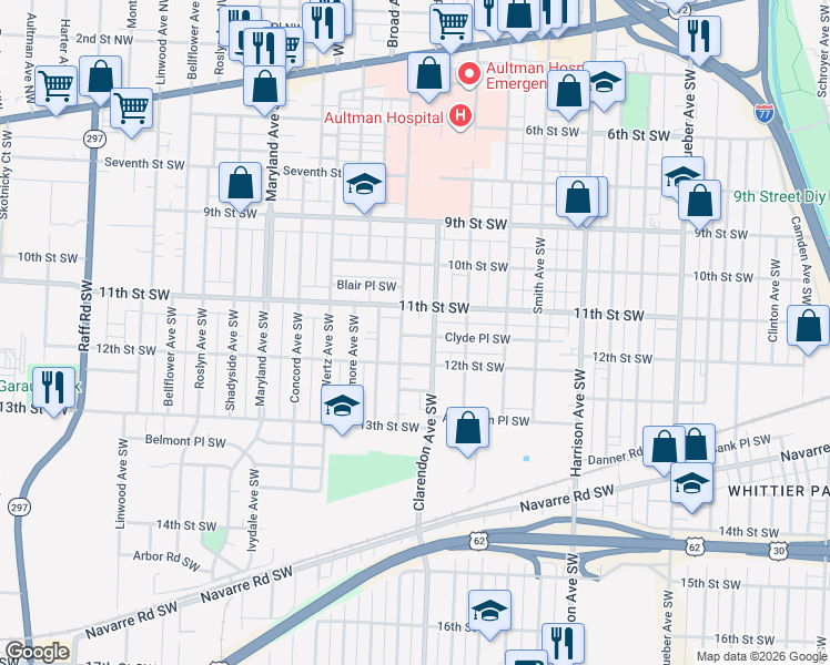 map of restaurants, bars, coffee shops, grocery stores, and more near 1118 Dartmouth Avenue Southwest in Canton