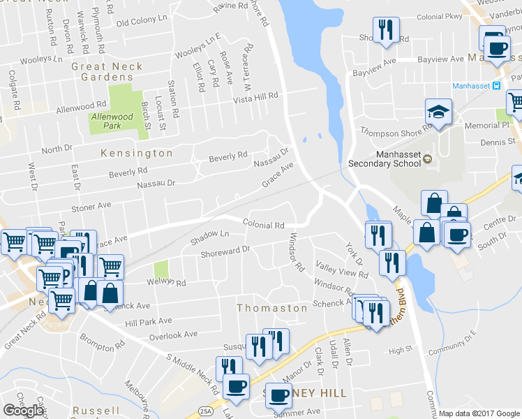 map of restaurants, bars, coffee shops, grocery stores, and more near 5 Saint George Road in Great Neck