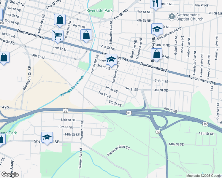 map of restaurants, bars, coffee shops, grocery stores, and more near 500 Hartford Avenue Southeast in Canton