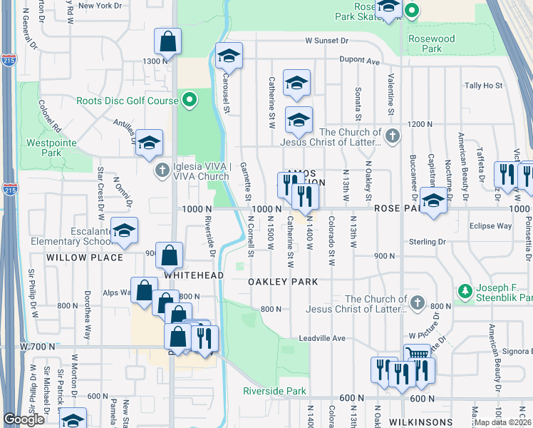 map of restaurants, bars, coffee shops, grocery stores, and more near 983 North 1500 West in Salt Lake City