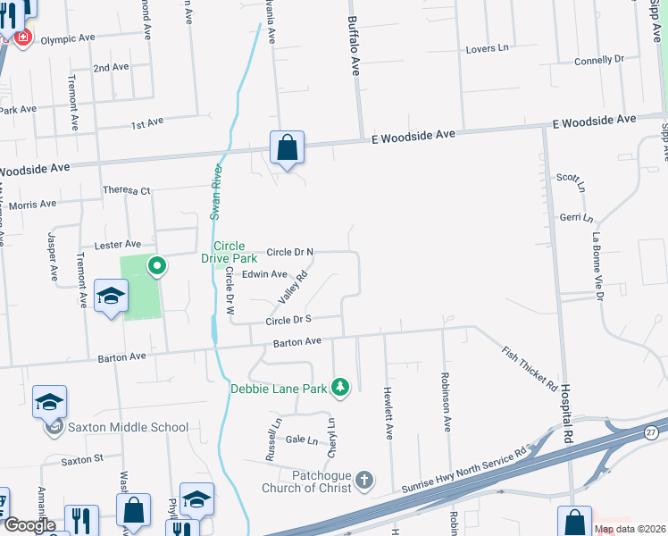 map of restaurants, bars, coffee shops, grocery stores, and more near 40 Circle Drive East in East Patchogue