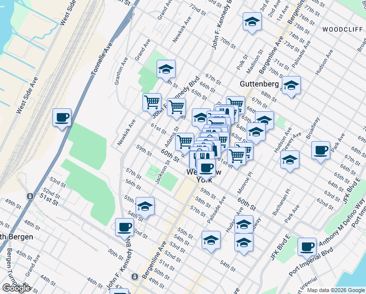 map of restaurants, bars, coffee shops, grocery stores, and more near 6103 Polk Street in West New York