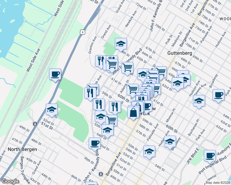 map of restaurants, bars, coffee shops, grocery stores, and more near 620 60th Street in West New York