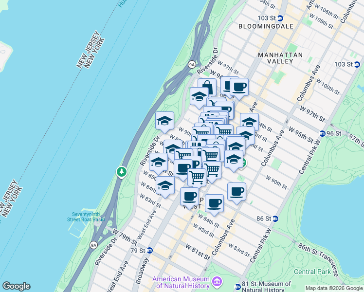 map of restaurants, bars, coffee shops, grocery stores, and more near 304 West 89th Street in New York