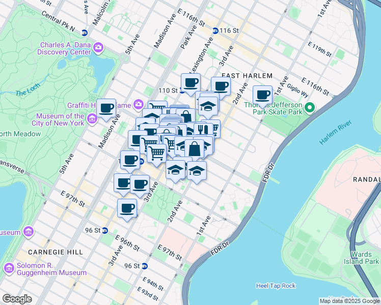 map of restaurants, bars, coffee shops, grocery stores, and more near 218 East 106th Street in New York