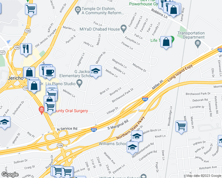 map of restaurants, bars, coffee shops, grocery stores, and more near 50 Briar Lane in Jericho