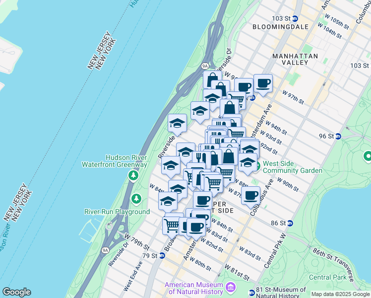 map of restaurants, bars, coffee shops, grocery stores, and more near 327 West 88th Street in New York