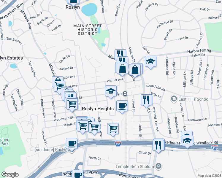 map of restaurants, bars, coffee shops, grocery stores, and more near 252A Garden Street in Roslyn Heights